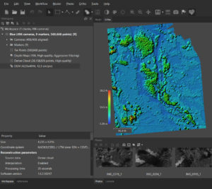 Screen shot from MetaShape showing the results of the generation of a DEM showing elevations between -3.29m to 30.2m