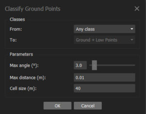 Screen shot of MetaShape showing the Classify Ground Points dialogue box with max angle set to three degrees, max distance set to 0.01m and cell size set to 40