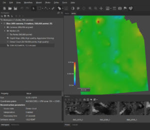 Screen shot of MetaShape showing the resulting digital terrain model with elevations ranging between -2.5 to 4.4m
