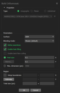 Screen shot of MetaShape Build Orthomosaic settings with surface set to dem, blending mode set to mosaic, refine seamlines and enable hole filling turned on and pixel dimensions set to 0.1m