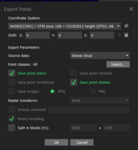 Screen shot of MetaShape export dense cloud into LAS format parameter window using default settings