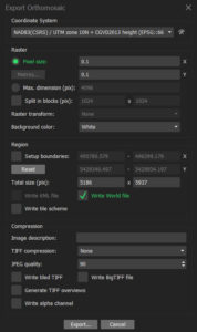 Screen shot of MetaShape Export Orthomosaic parameter settings using default settings except compression is set to None