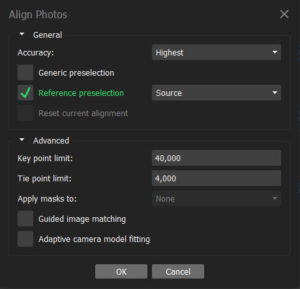 Screen shot of the MetaShape Align photos dialogue box with highest aligment, reference preselection using source, 40,000 key point limit, 4,000 tie point limit