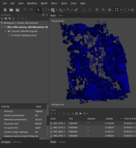 Metashape screenshot showing the results of photo alignment with 100% of the photos matched