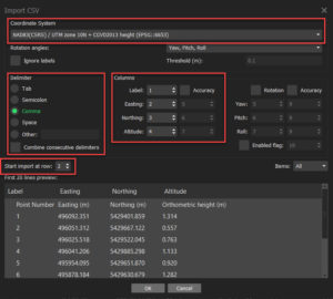 MetaShape screen shot of the Import CSV dialogue window with coordinate system set to EPSG 6653, delimiter is comma, columns are 1 Labels, 2 Easting, 3 Northing and 4 altitude with start import row set to 2