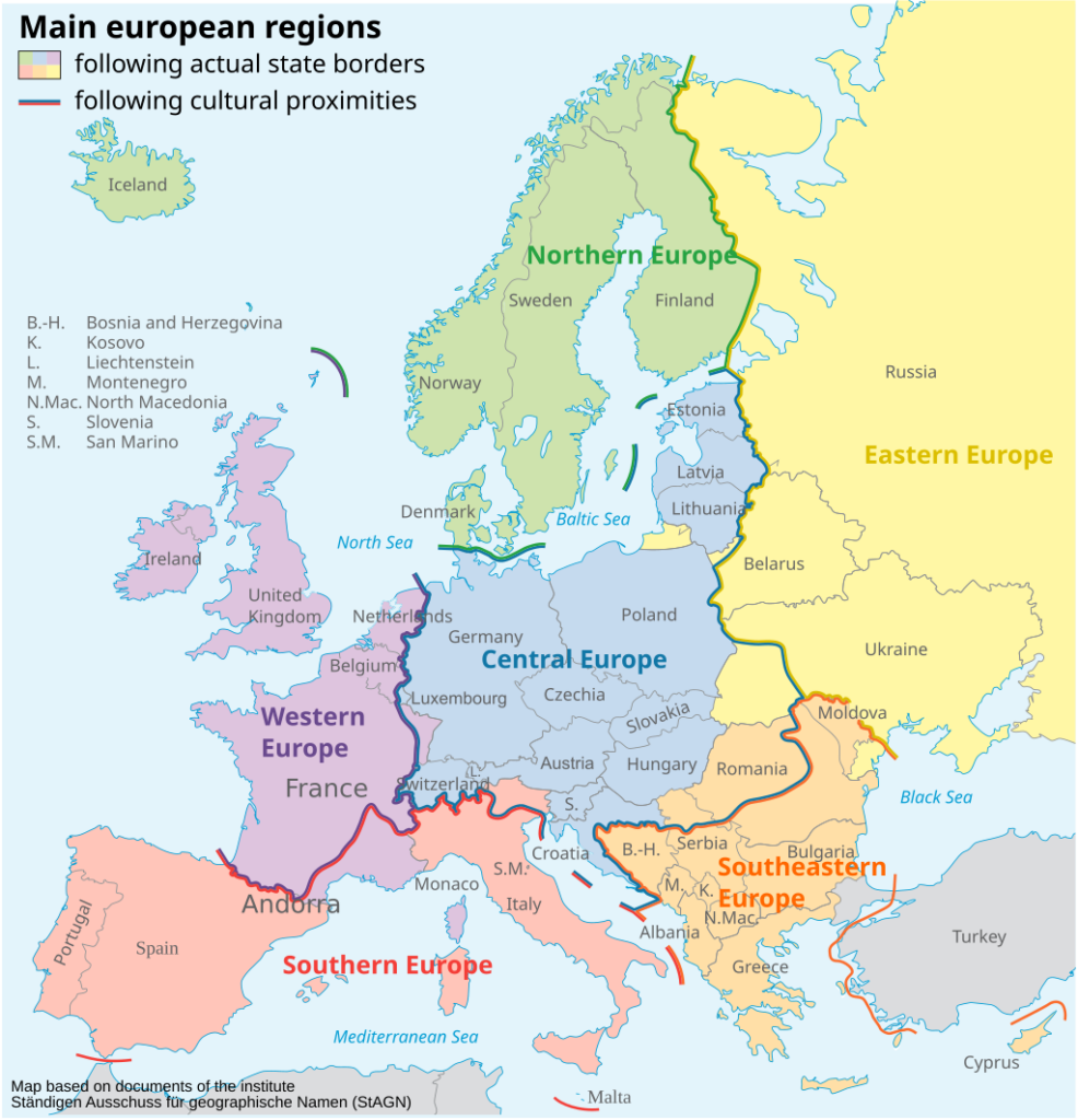 A map identifying the main European regions