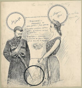 The Crime of the New Century. Ink over graphite drawing from 1903 depicting Russia's dismissive response to the Kishinev massacre.