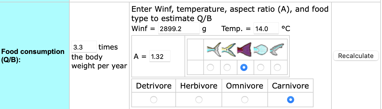 A screenshot from FishBase that illustrates the "tail" food consumption for a given fish species. One has to enter average water temperature, and select the tail type and feeding mode. The underlying empirical relationship will then be used to predict food consumption rate (as consumption relative to biomass)