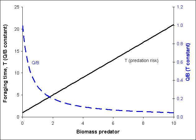 Composite plot showing foraging time and consumption/biomass (Q/B) ratio as a function of biomass for a predator. To hold Q/B constant, a predator has to increase foraging time linearly. If foraging time is held constant, then Q/B decreases with increased predator abundance.