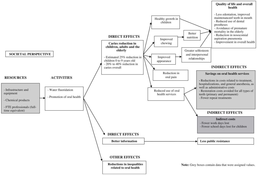 Logic model of the water fluoridation program showing resources, activities, and direct and indirect effects. Elements assigned monetary values—covering all resources and most indirect effects—are highlighted in grey.
