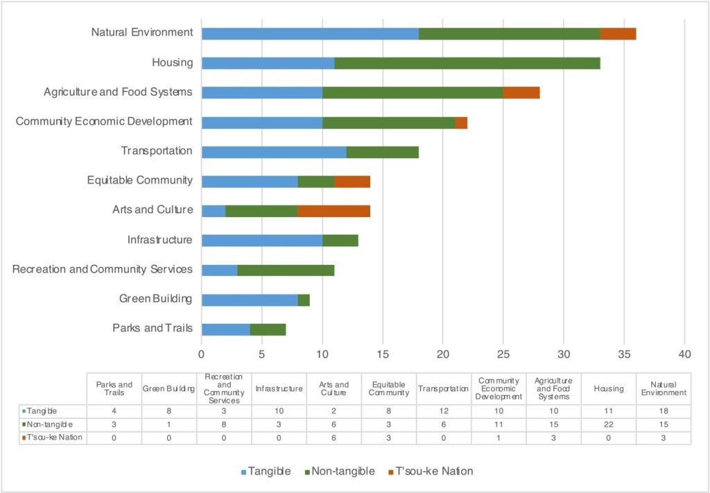 Graph and table showing the distribution of tangible, non-tangible, and T’sou-ke Nation-involving policies and actions across different domains of activity.
