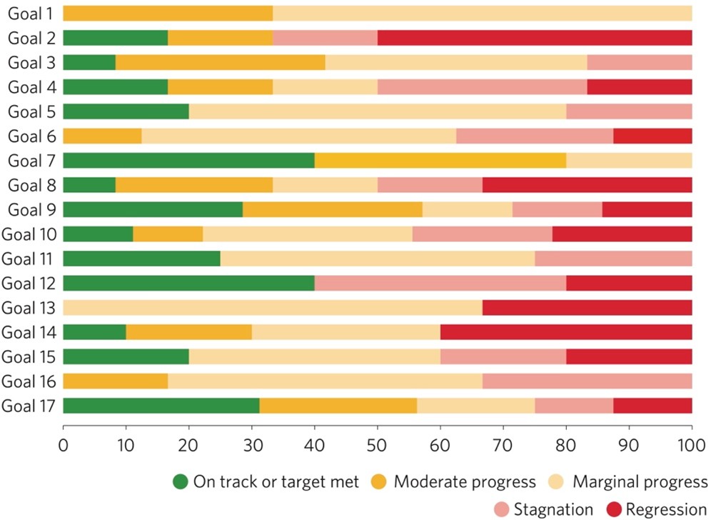 This figure illustrates uneven progress across the 17 Goals based on assessed targets.