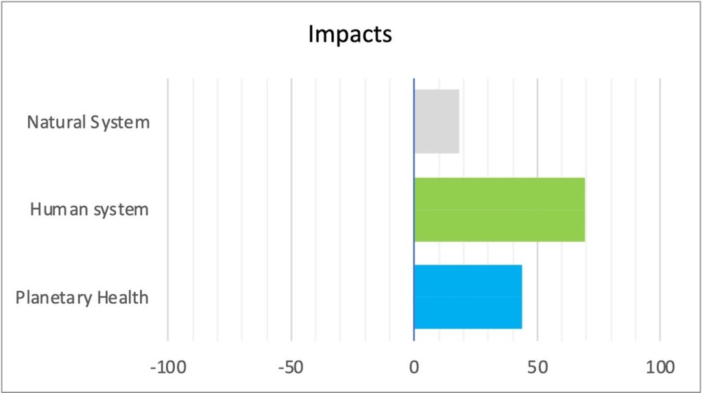 This bar diagram illustrates the impacts of the intervention on natural and human systems, as well as on planetary health, showing varying levels of achievement.