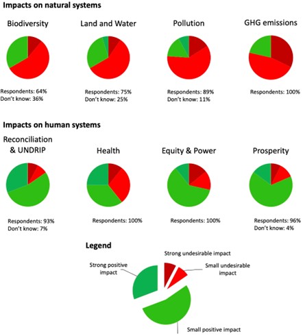 Pie charts illustrating how respondents assessed each dimension of the Planetary Health Rapid Assessment Tool. Each pie shows the proportion of responses categorized as strong positive impact, small positive impact, small undesirable impact, and strong undesirable impact.