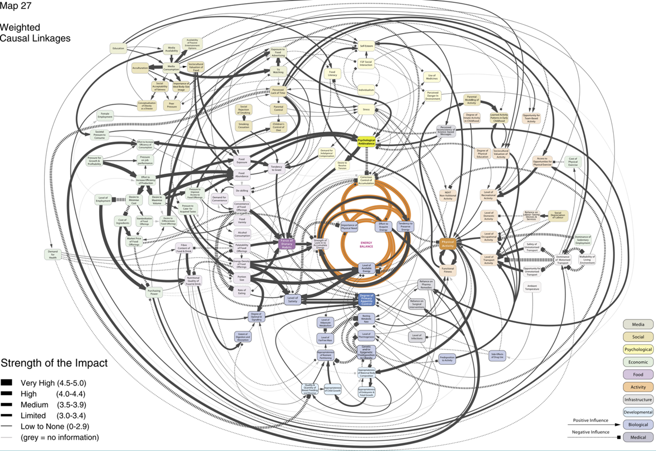 Highly interconnected diagram illustrating multiple influences on energy balance. Factors shown include media, social, psychological, economic, food- and activity-related elements, infrastructure, developmental factors, and biological and medical contributors. Numerous arrows indicate positive or negative influence, with light to thick arrows representing increasing strength of impact. The dense network of arrows resembles a tangled ‘spaghetti’ of interacting factors.