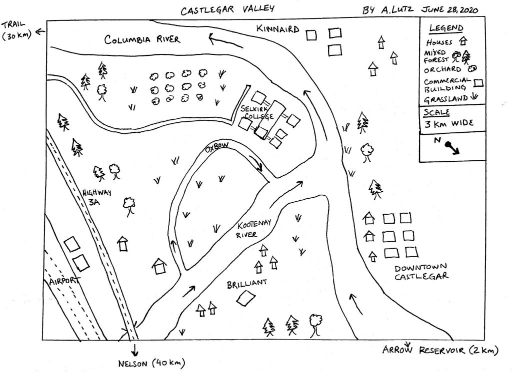 Hand-sketched map of the Castlegar Valley. This map shows the junction of the Columbia River flowing south towards the top left corner and the Kootenay River flowing west into the Columbia River. Downtown Castlegar is west of the river junction. Selkirk College is located southeast of the river junction, to the east of the Columbia River, next to an orchard and grasslands. Further east of the grassland and orchard is the landing strip for the airport.