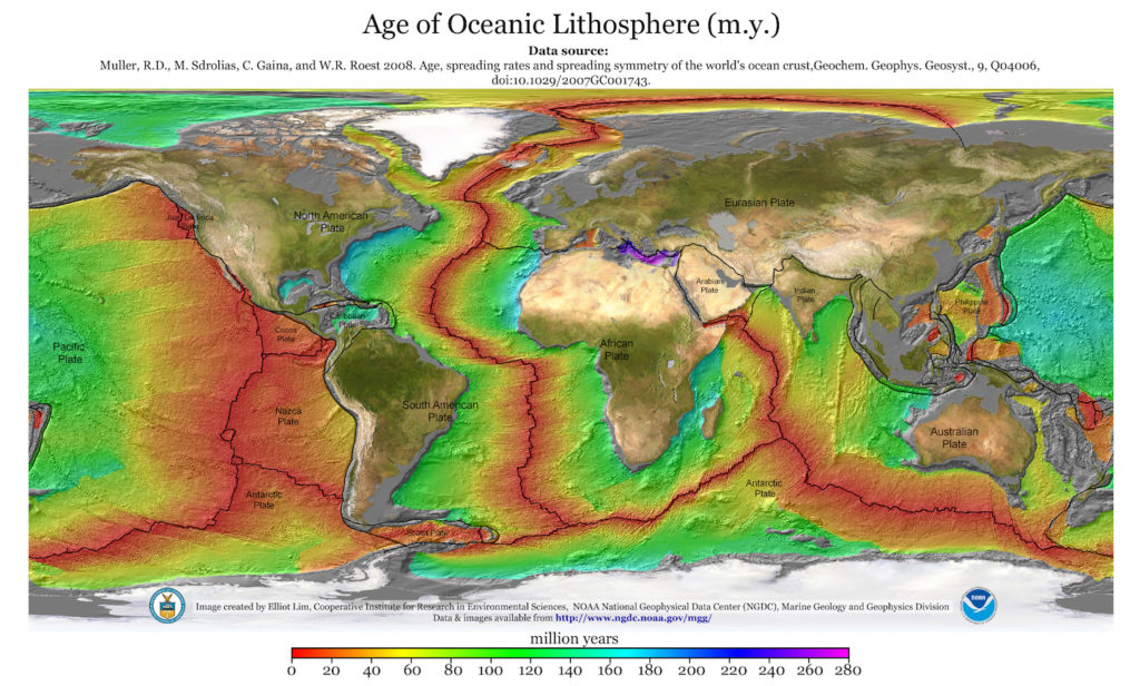 World map showing differences in the age of the ocean floor