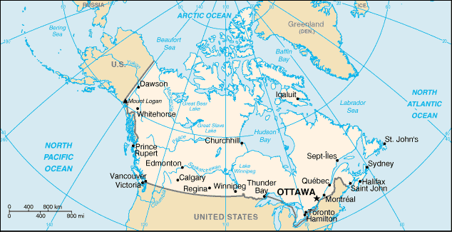 Map of Canada with curved lines of longitude