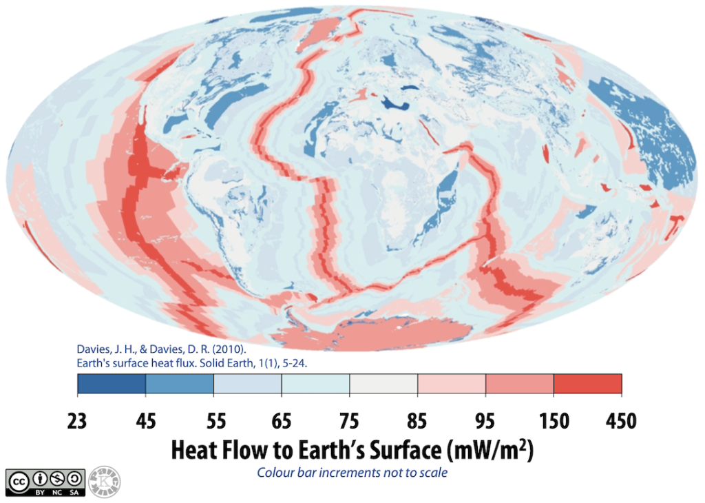 A colour coded map showing regions of high and low heat flow through Earth's surface