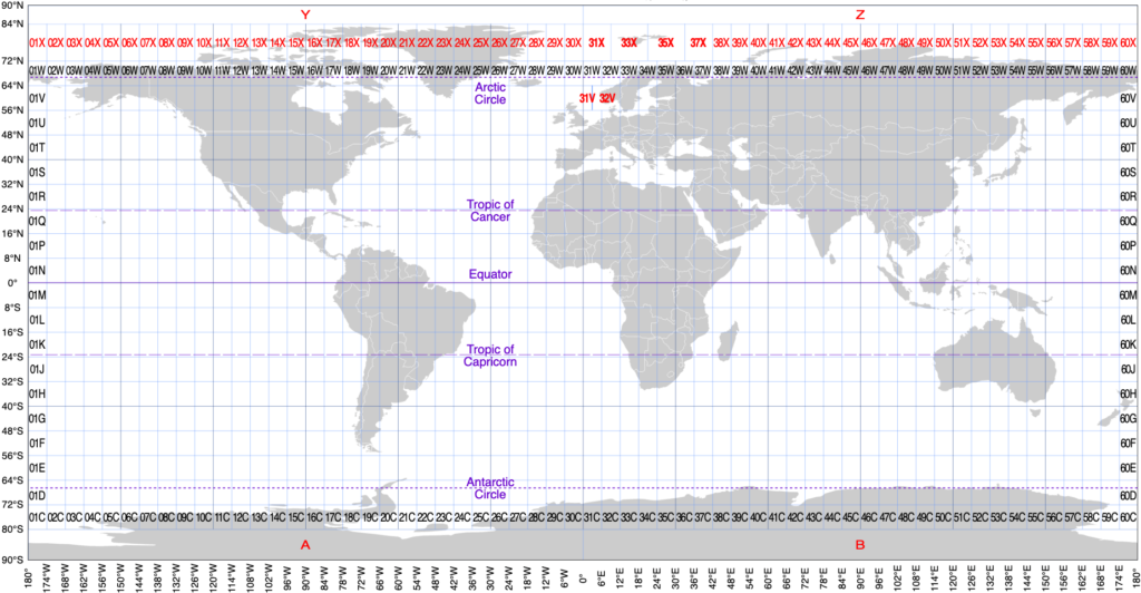 World map with UTM grid lines