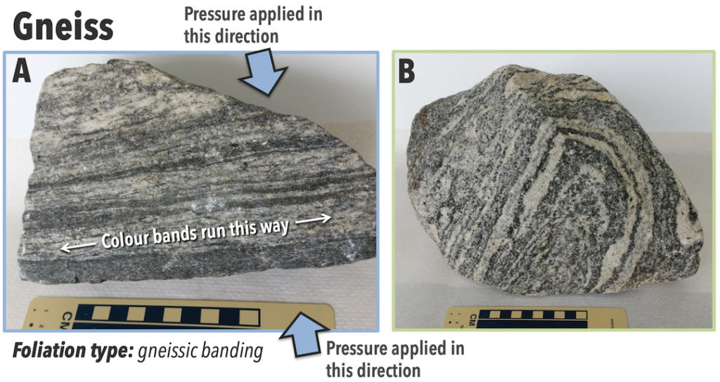 Left: A rock with stripes in shades of grey. Right: A rock with wavy stripes