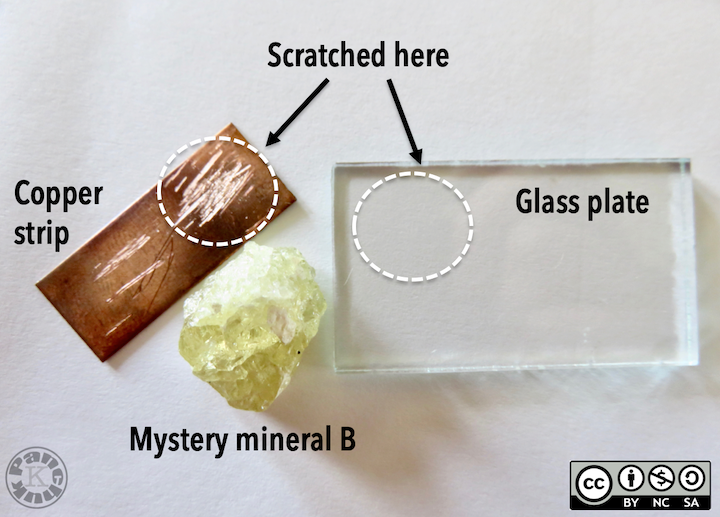 A green mineral has left a scratch on a strip of copper, but not on a glass plate.