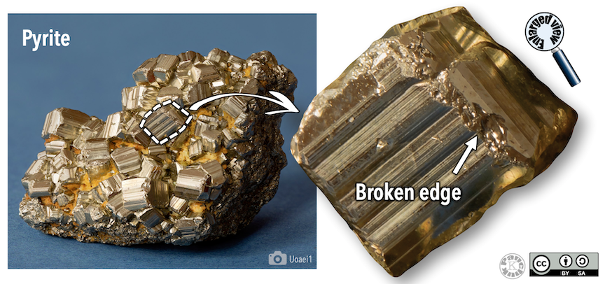 Left: A mass made up of cube-shaped crystals. Right: An enlarged view of one of the crystals showing a damaged edge. The edge is bumpy with some curved breaks.