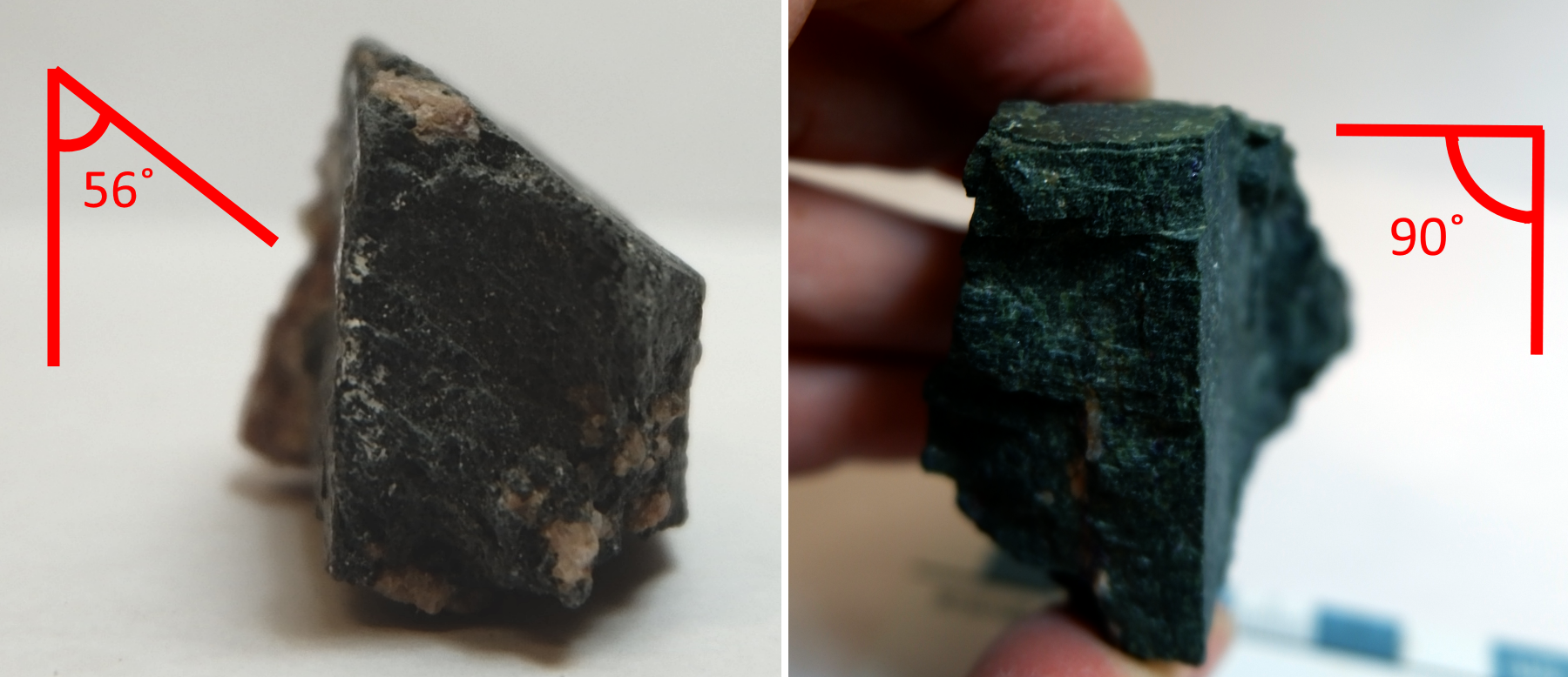 Left: A dark mineral comes to a sharp point. The sides of the point have 56 degrees between them. Right: a dark mineral has squared-off sides.