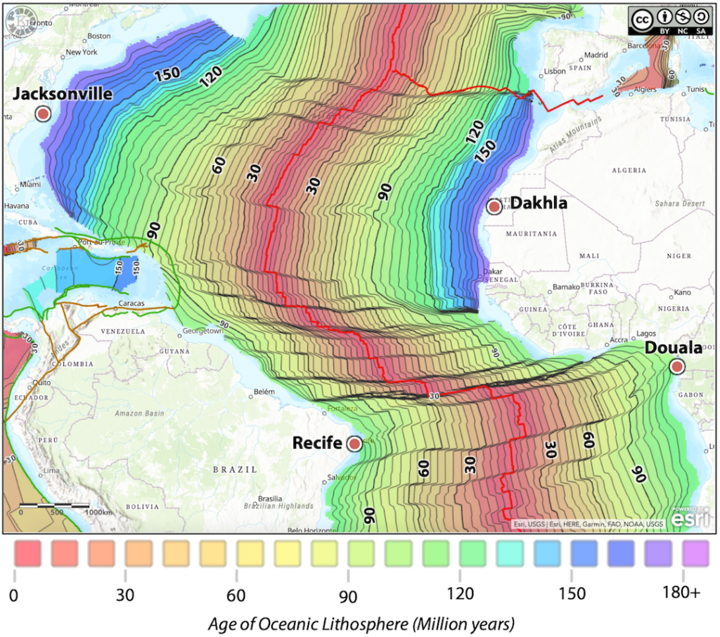 Age of Atlantic Ocean Sea floor, north of equator