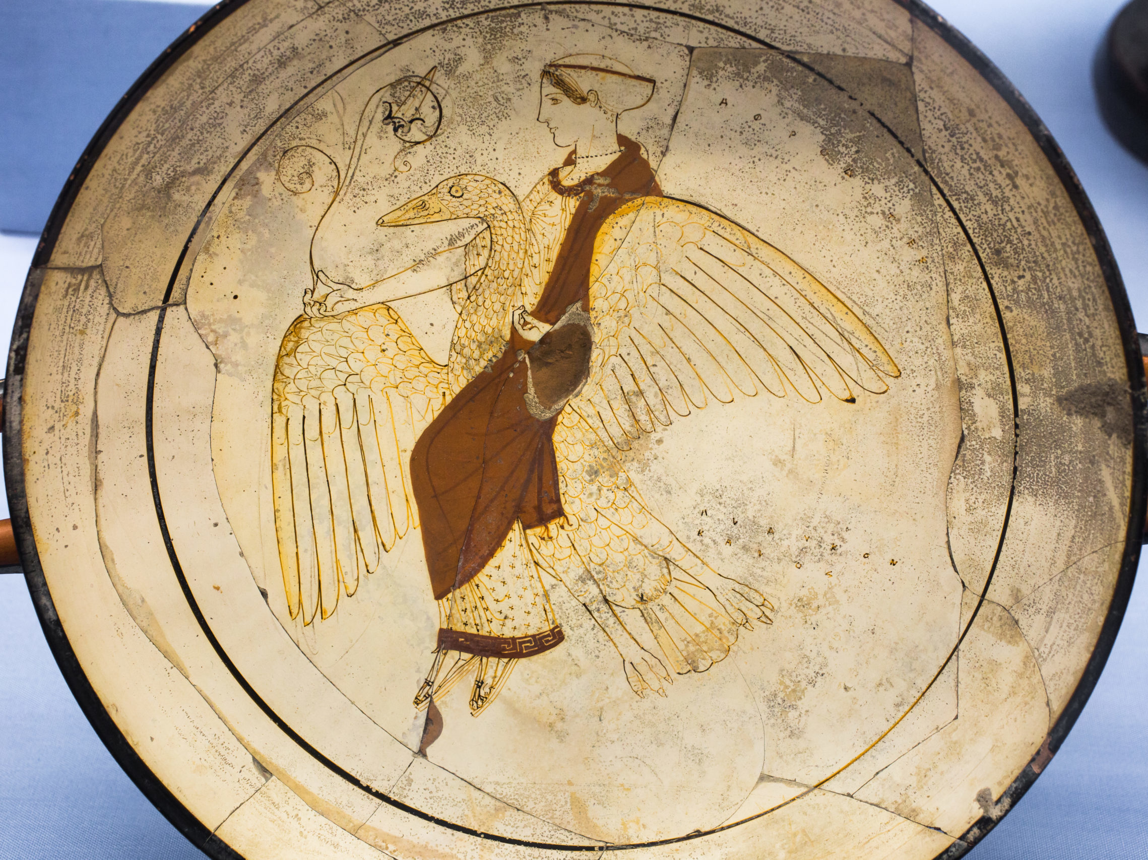 A white-ground red-figure kylix depicting Aphrodite riding a swan. Aphrodite is wearing a long dress and a headdress, and a flower is growing from her hand.