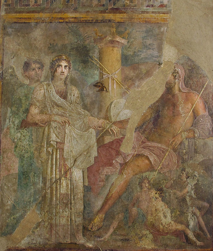 Hera, in a crown, veil, and long robes, stands before Zeus. Zeus sits on a throne holding a sceptre. Various divine figures stand in the background.