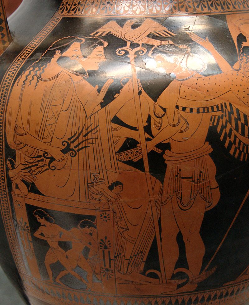 Zeus and Hera seated on a throne. Zeus holds a scepter topped with an eagle. The winged goddess Iris is serving them.
