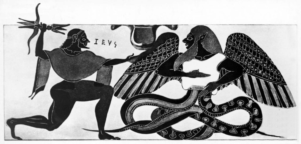 Zeus, wielding a many-pronged lightning weapon, lunges at Typhon, a winged figure with two snakes for legs.