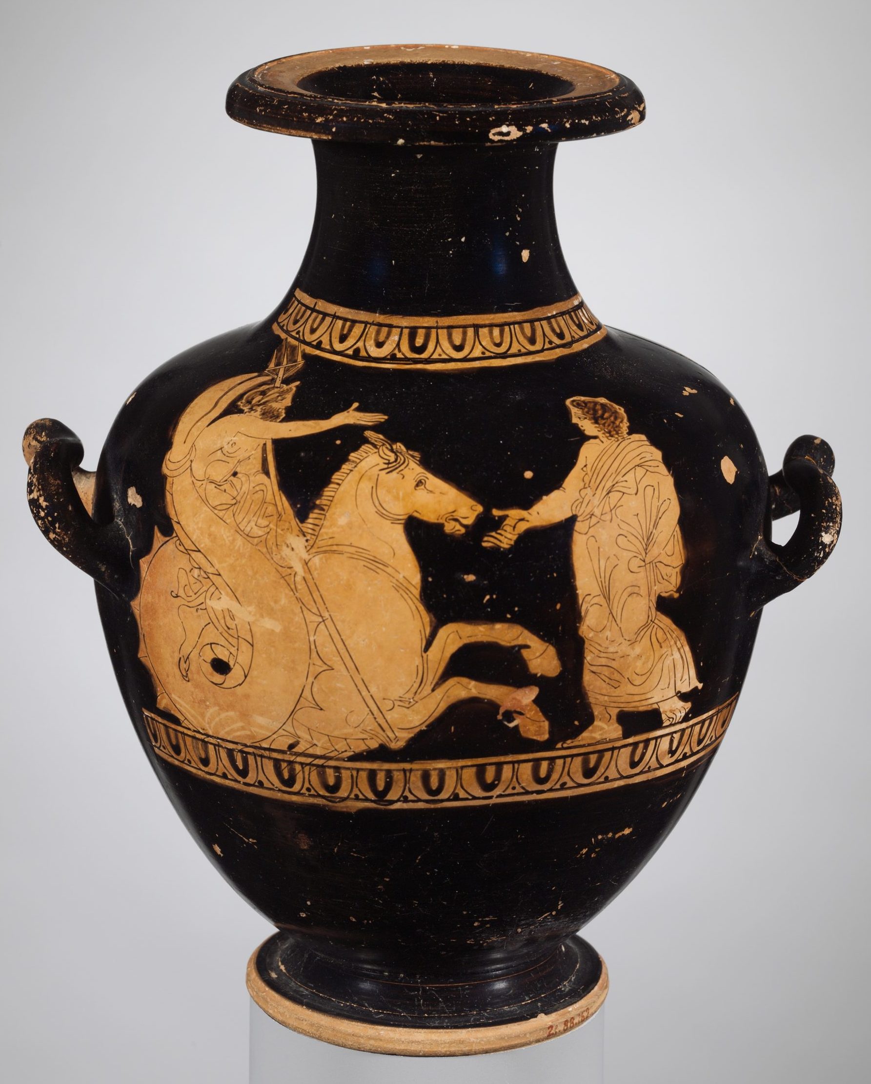 Poseidon on a horse, accompanied by the youthful Pelops.
