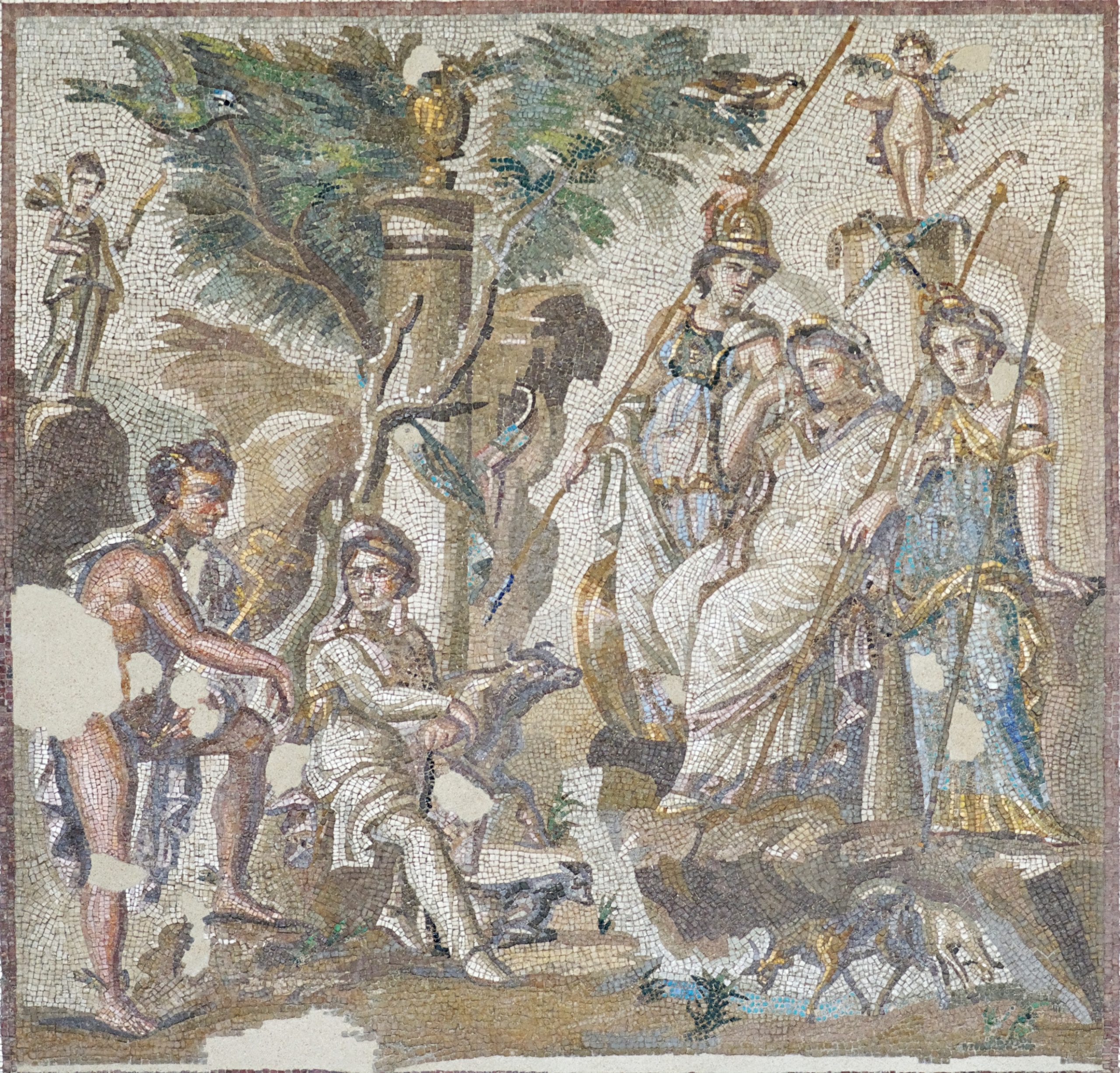 Paris sits in front of Hera, Aphrodite, and Athena. Various animals, cupids, and other figures watch the scene.
