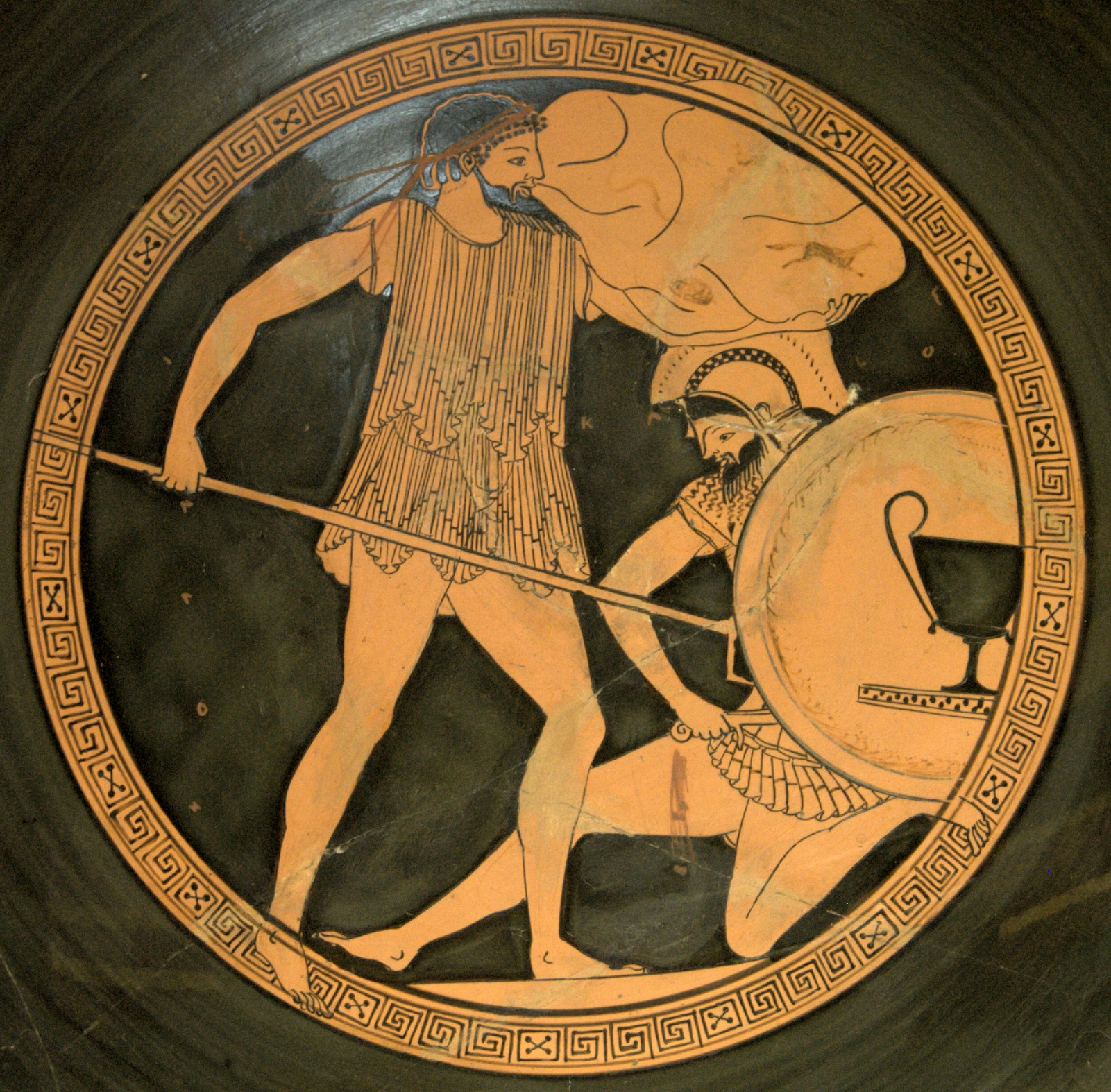 Poseidon, holding a trident, stands over Polybotes.