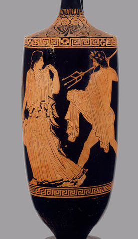 Poseidon, draped and wearing a laurel crown, lunges towards Amymome with a trident.