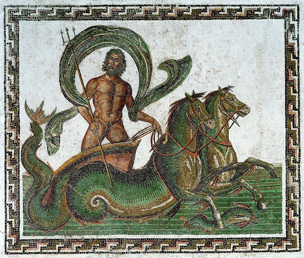 Neptune in the nude standing in a chariot drawn by two green hippocampi.