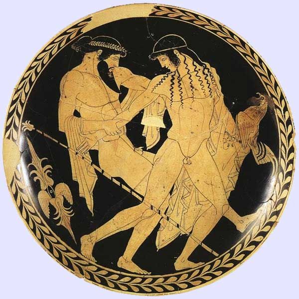 A circular depiction of bearded Zeus grabbing the arm of youthful Ganymede. Both are nude, with only a cloth draped over their arms, and a bird of prey is perched in Ganymede's arm.
