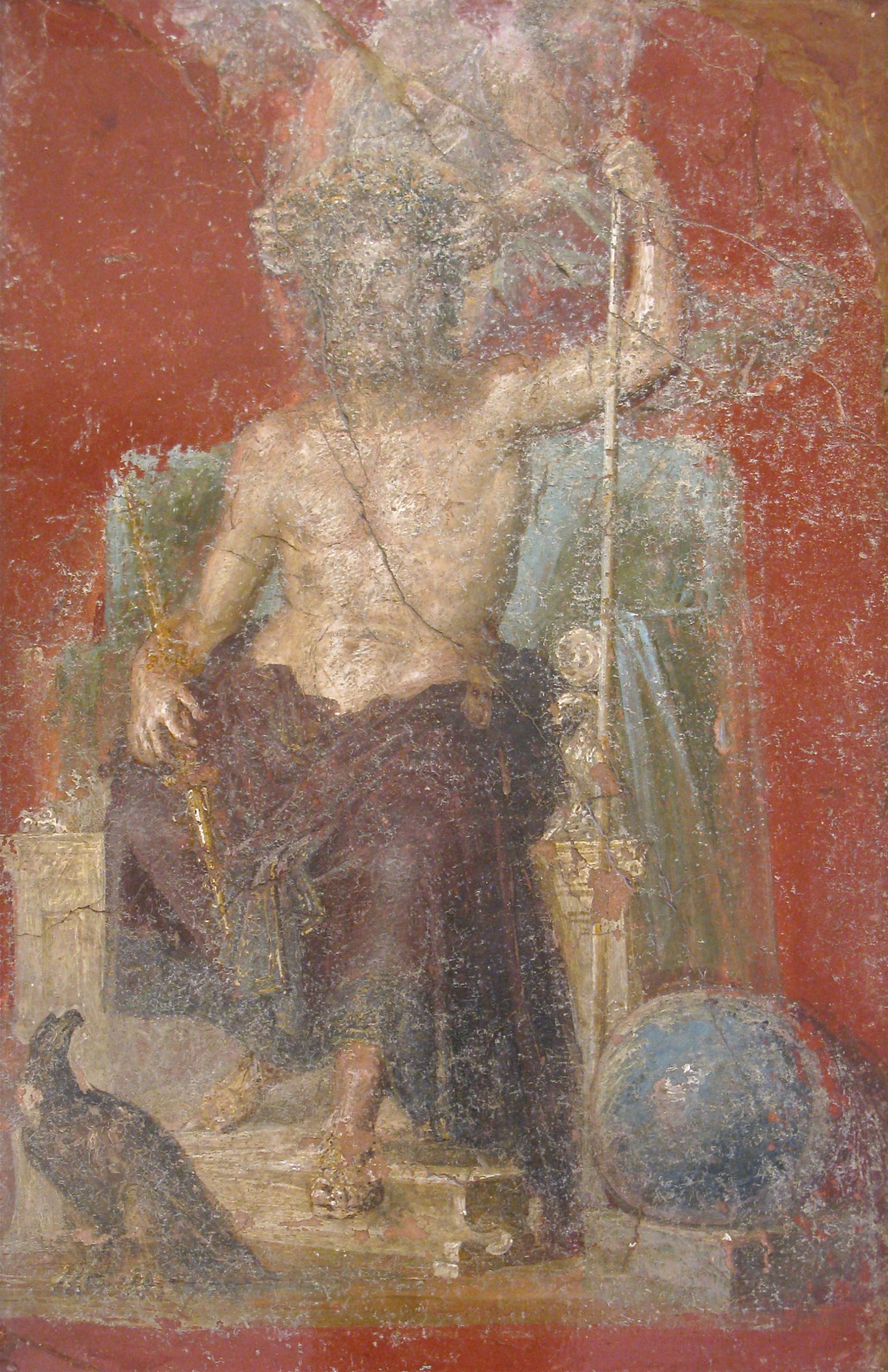 Jupiter on a throne holding a tall scepter in one hand and a golden bolt in the other. An eagle is sitting at his feet.