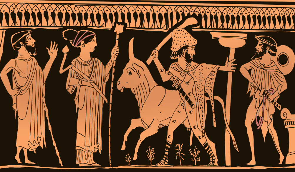 Argus, his body covered in eyes, wields a club in the centre of the image, beside a cow. On his right stands Hermes, drawing a sword, and on his left are Zeus and Hera.