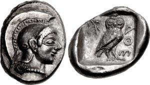 Side 1: Head of Athena wearing a plumed war helm. Side 2: an owl.