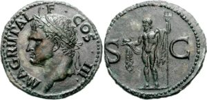 Side 1: head of emperor Agrippa. Side 2: Nude Neptune standing holding a trident.