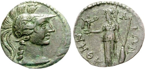 Side 1: the head of Athena in a plumed helm. Side 2: Athena holding a small Nike in one hand and a spear in the other.