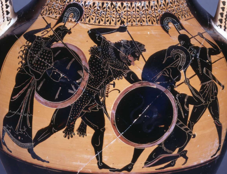 Herakles, wearing a lion skin, thrusts a spear at Kyknos, who has fallen to his knees. To the left stands Athena, and to the right is Ares. Ares wields a spear and wears a plumed helm, and a sword is sheathed at his waist.
