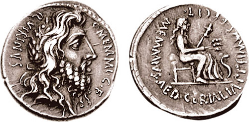 Side 1: the bearded head of Romulus. Side 2: Ceres on a throne, holding a scepter