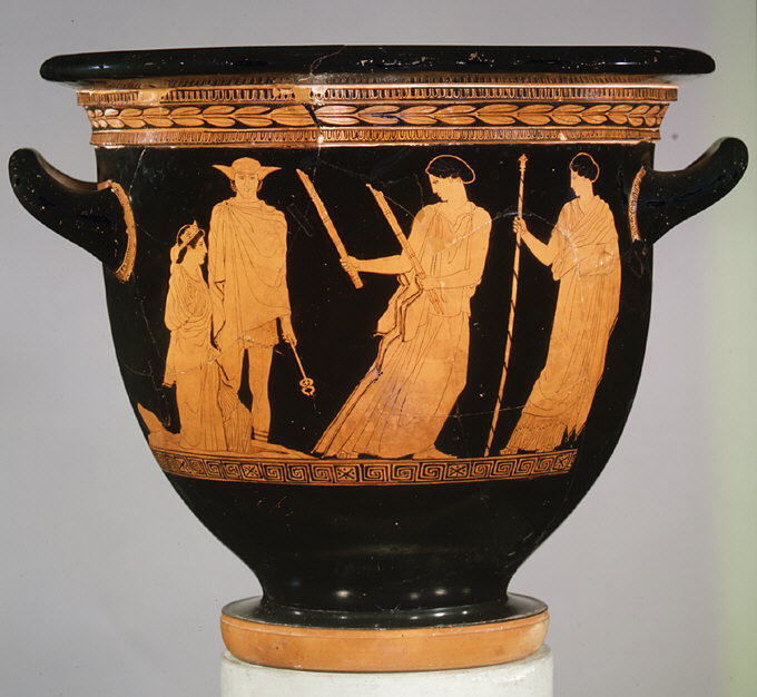 Demeter stands holding a scepter. Hermes and Hecate approach leading Persephone, who is rising out of the ground.