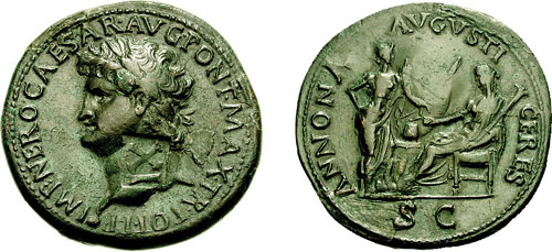 Side 1: emperor&#039;s head with a crown of laurels. Side 2: Annona stands holding a cornucopia, beside seated Ceres who holds a torch and grain.