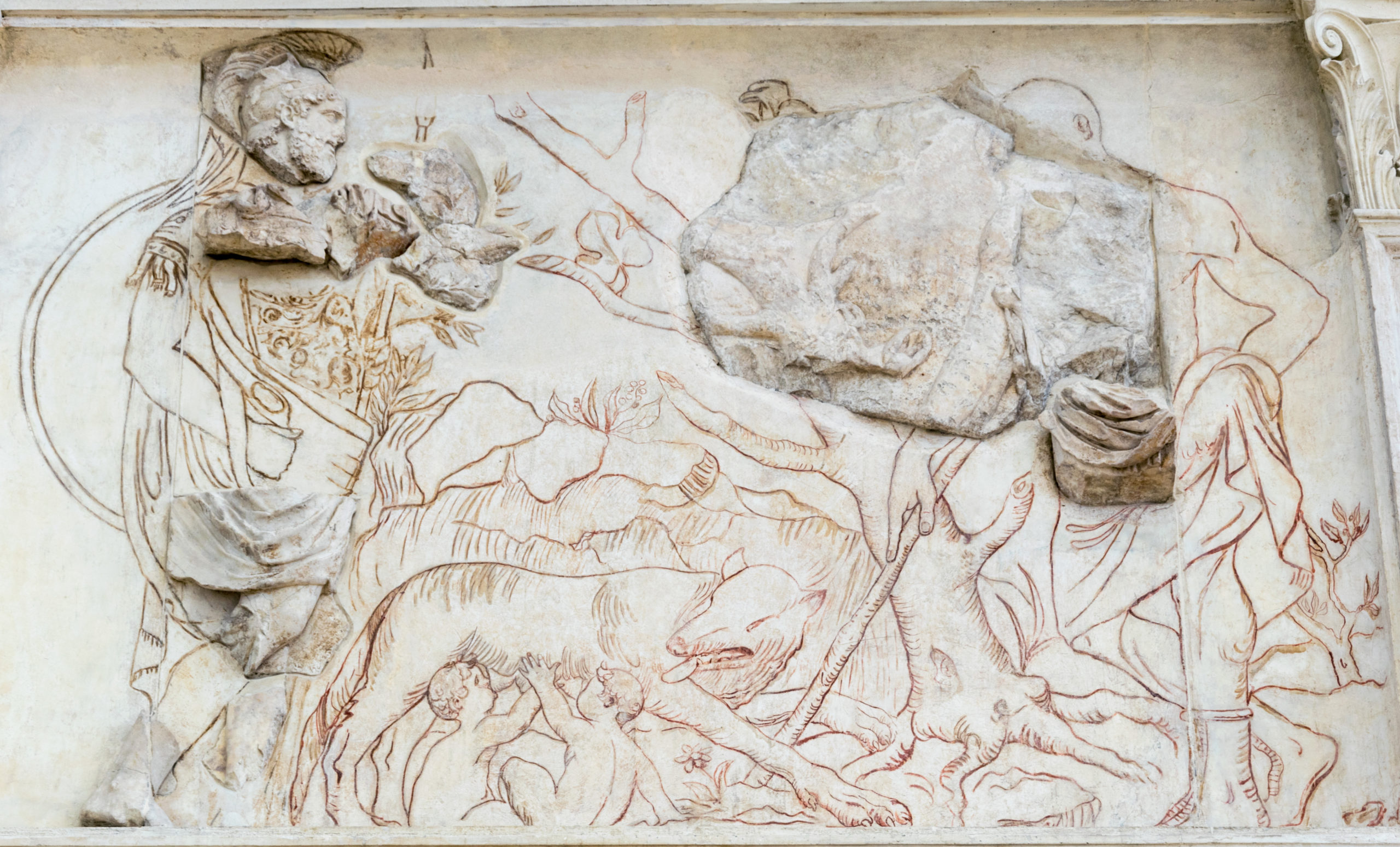 On the left stands Mars in a plumed helm and armour. To the right stands the shepherd Faustulus by a tree. Between them is a reconstructed image of the children Romulus and Remus being nursed by the wolf Lupa.