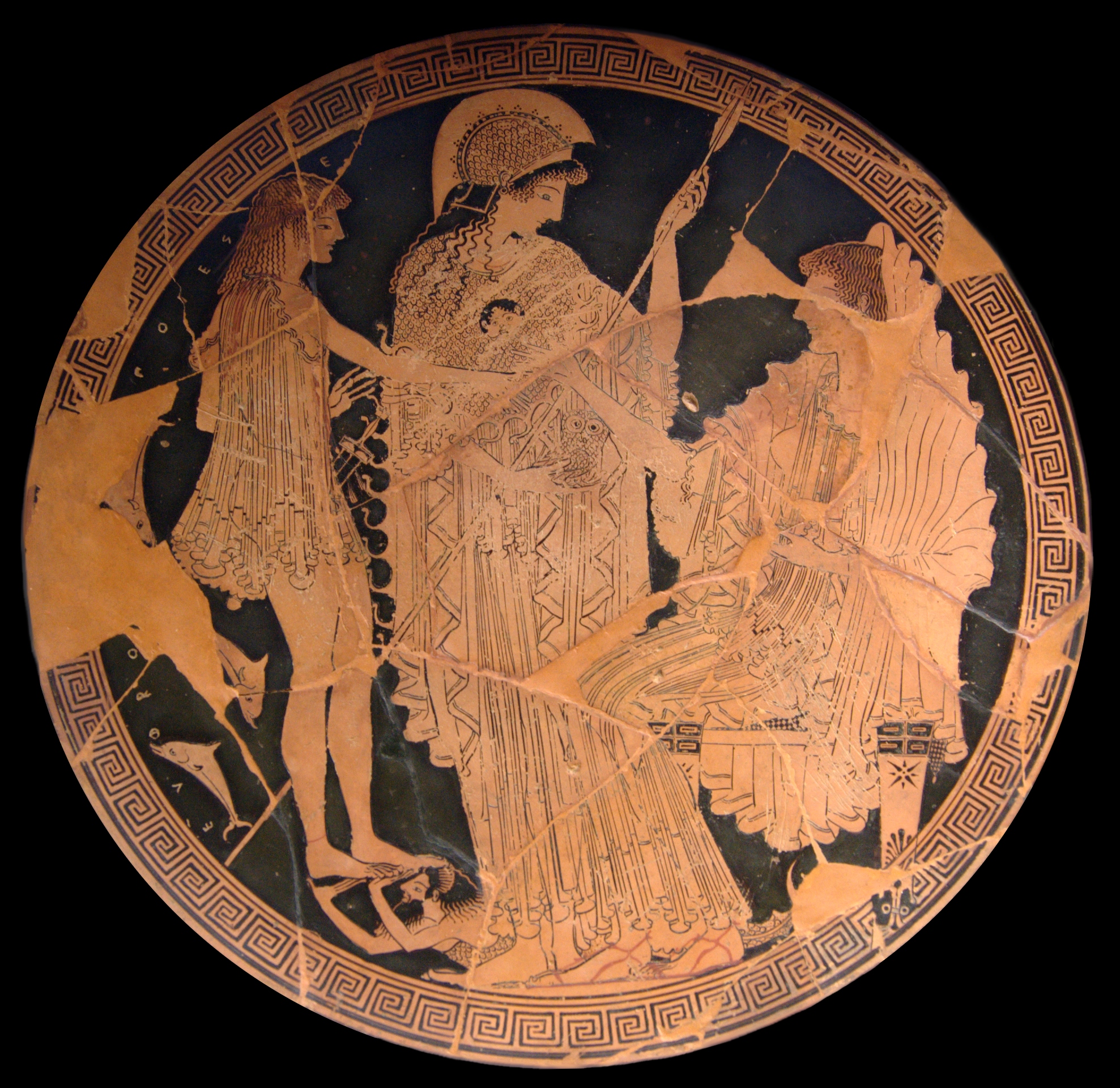 Athena, in embroidered robes and a helm, watches over Theseus and Amphitrite. Athena holds a spear in one hand and an owl in the other.